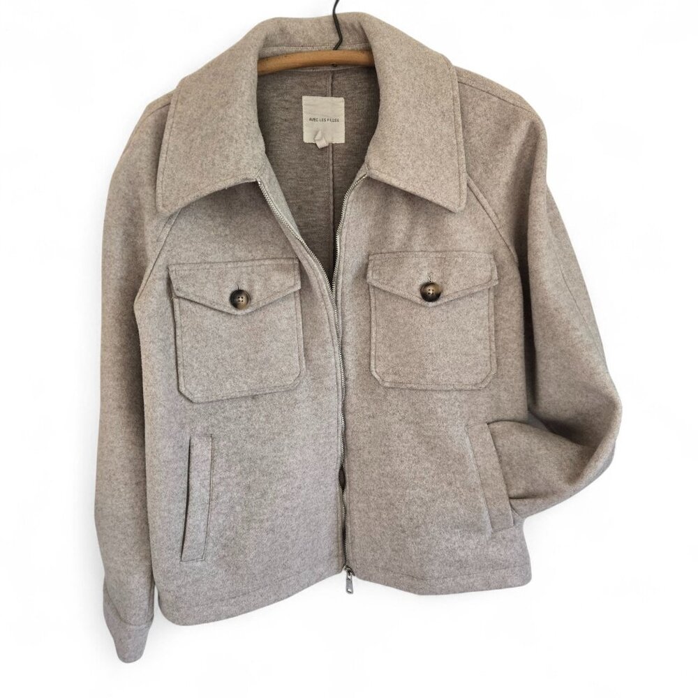 Avec Les Filles Womens Beige Wool-Blend Zip-Up Jacket Front Pockets Size Small - Picture 4 of 15